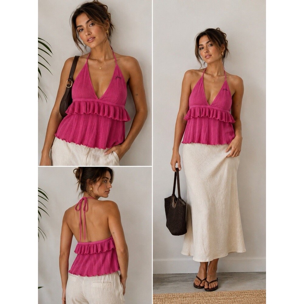 GANNI Boucle Tiered Halter Top L Phlox Pink Linen Organic Cotton Ruffle Babydoll